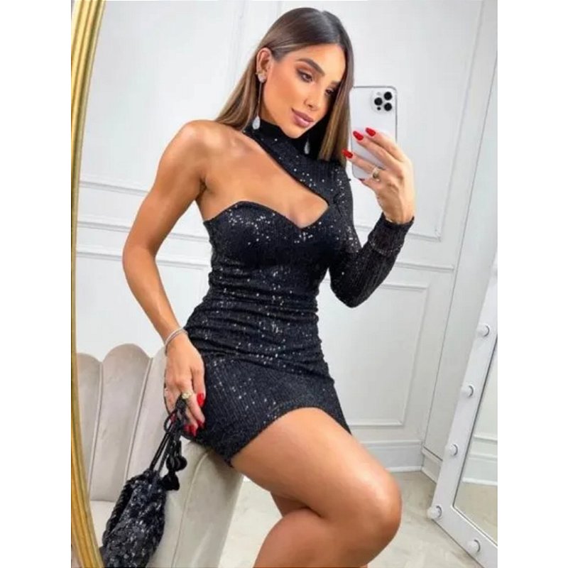 Vestido Curto Festa – Colado Gola Alta Brilhante em Lantejoula