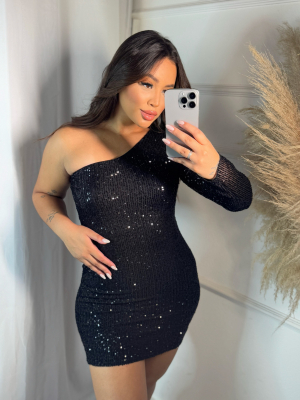 Vestido Paetê Manga Única – Elegante