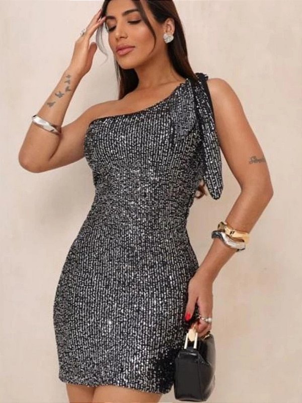 Vestido Curto Paetê Manga Única Amarração
