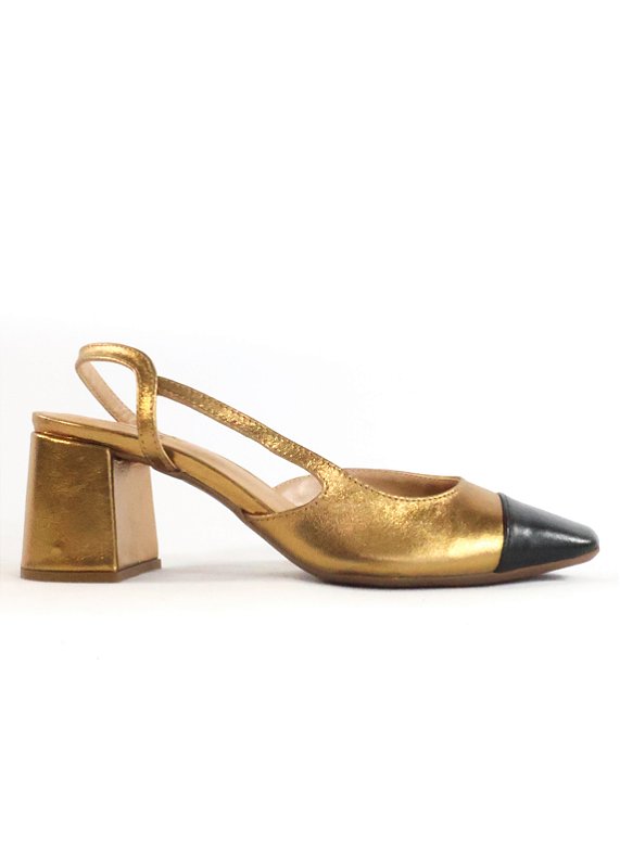 SAPATO EM COURO LUIZA BRONZE COM PRETO (SALTO ALTO)