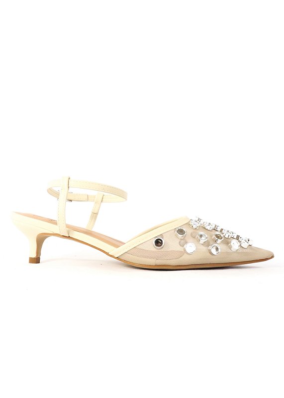 SCARPIN DIANA SALTO BAIXO OFF WHITE COM ESPELHOS