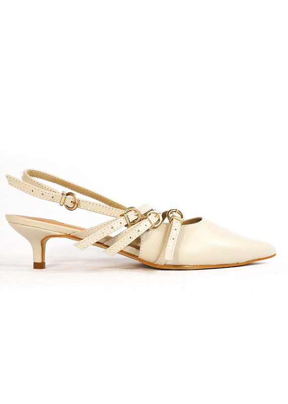 SCARPIN EM COURO BEATRIZ SALTO BAIXO GELO/BEGE