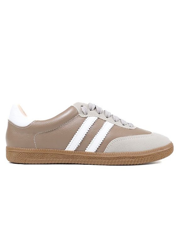 TENIS LIVIA EM COURO MARROM DUAS LISTRAS