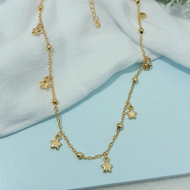 Colar Choker Penduricalhos Estrelas - Banhado a Ouro 18k