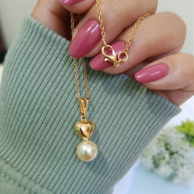 Colar Corrente Pingente Bold Coração com Pérola - Banhado a Ouro 18k