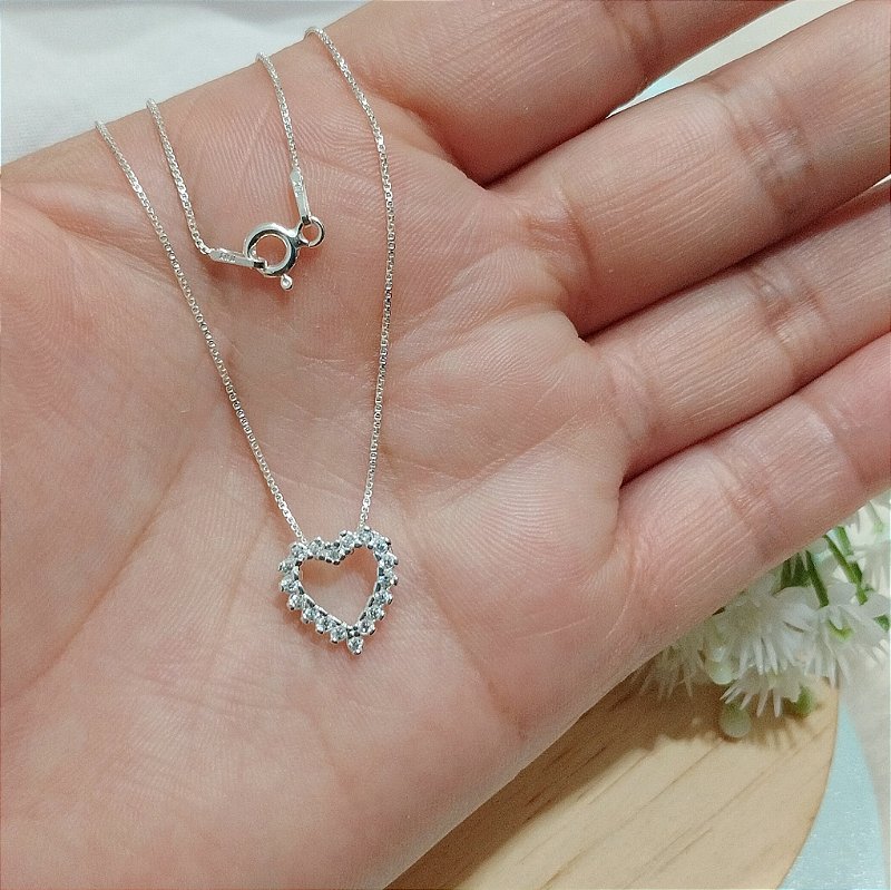 Colar Coração Vazado Micro Cravejado - Prata 925
