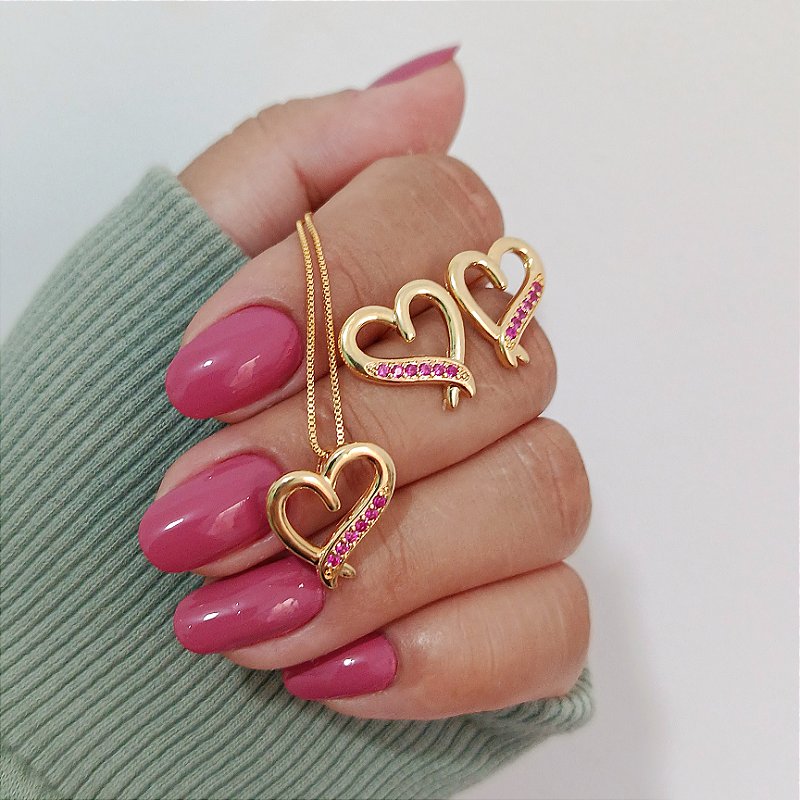 Conjunto Coração Zircônia Pink - Banhado a Ouro 18k