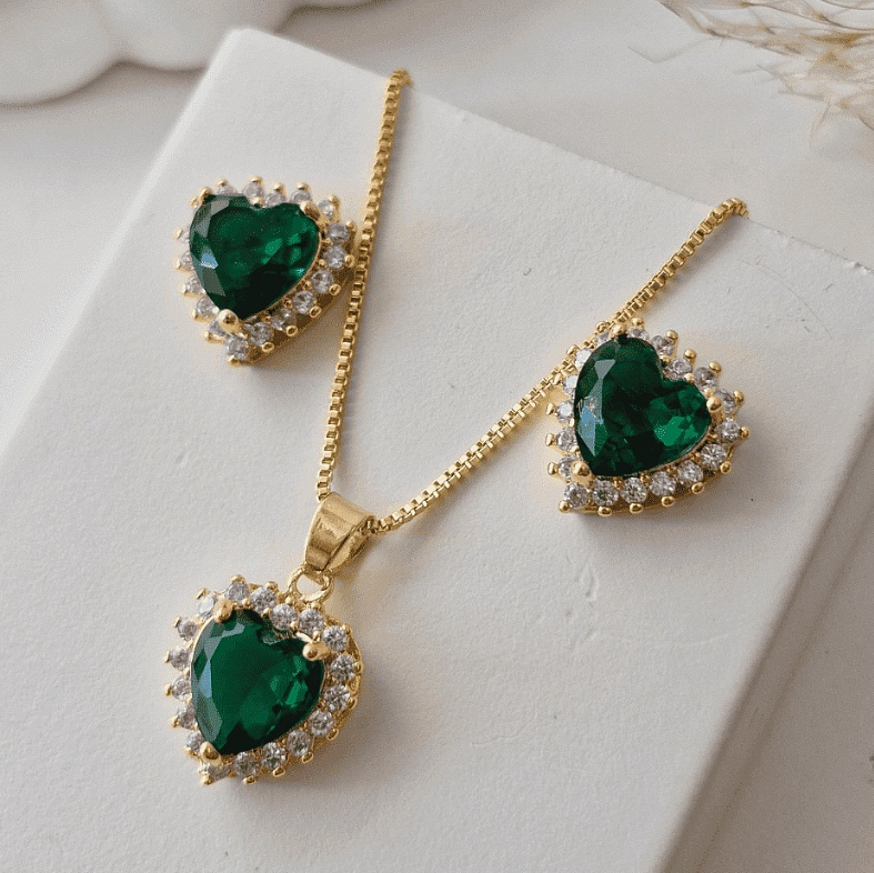 CONJUNTO COLAR E BRINCO ESMERALDA E ZIRCÔNIAS