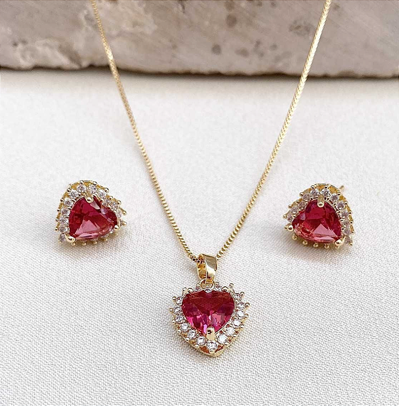 CONJUNTO COLAR E BRINCO RUBI E ZIRCÔNIAS