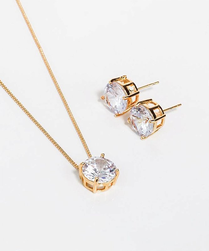 CONJUNTO COLAR E BRINCOS PONTO DE LUZ COM ZIRCÔNIAS