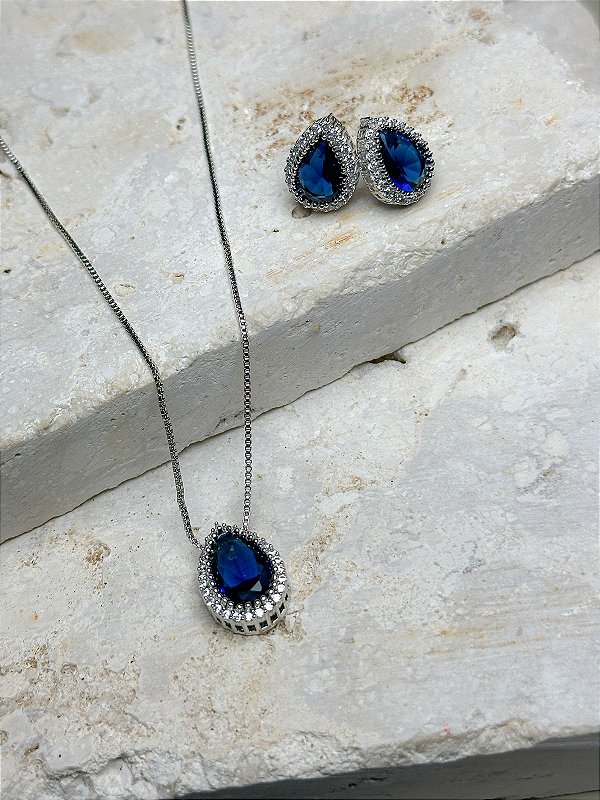 CONJUNTO PEDRA GOTA SAFIRA BANHADO RÓDIO BRANCO