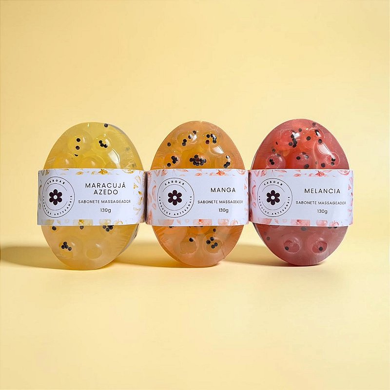 Kit com 3 sabonetes massageadores - Maracujá Azedo, Manga e Melancia