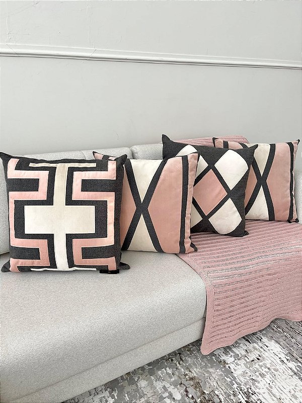 Conjunto com 4 Almofadas Cinza/Rose