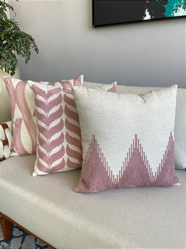 Conjunto de 3 Almofadas Bordadas Rosa/Bege