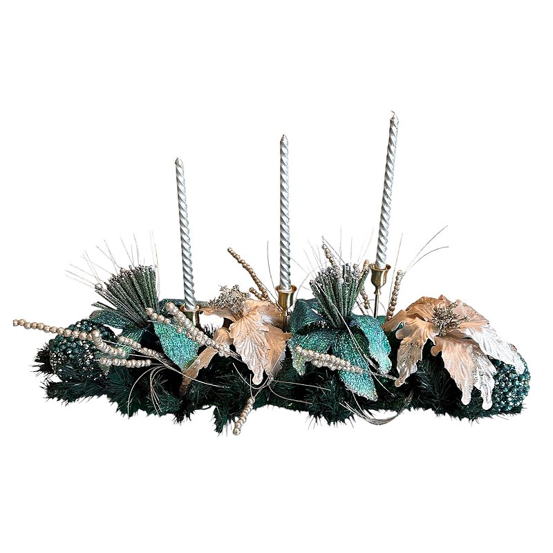 Centro de Mesa Natalino Azul e Dourado com castiçais