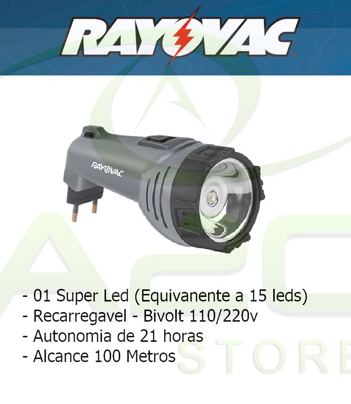 LANTERNA RECARREGAVEL SUPER LED BIVOLT RAYOVAC - A2C STORE