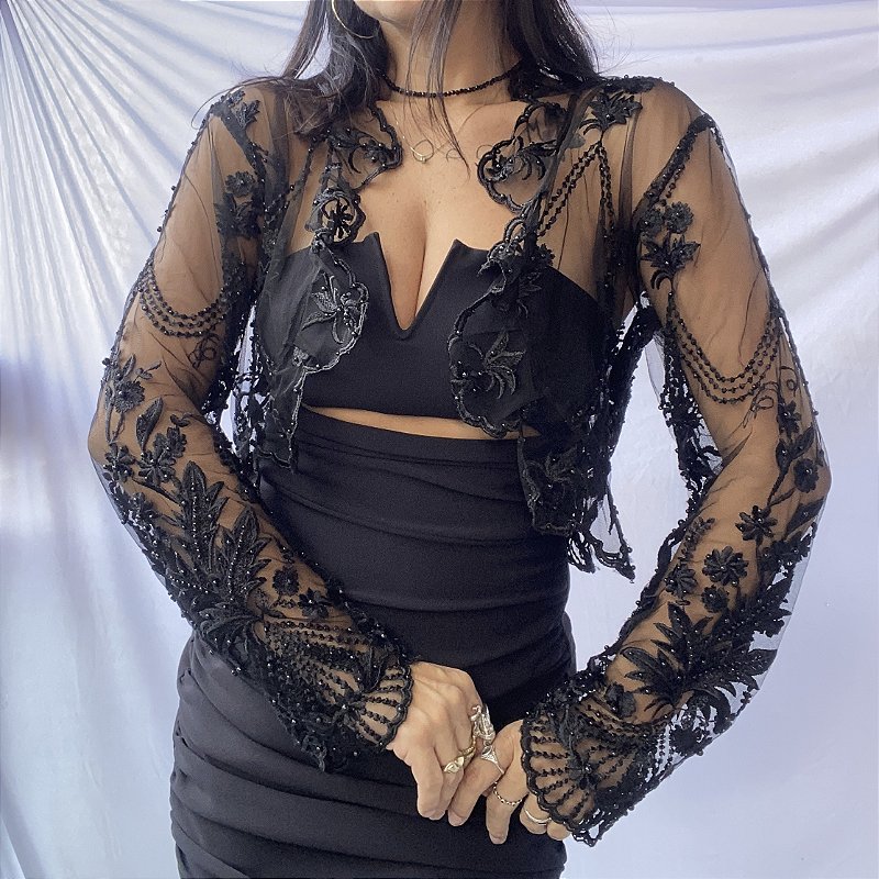 Casaco Bolero Vintage Bordado à Mão em Tule com Pedrarias