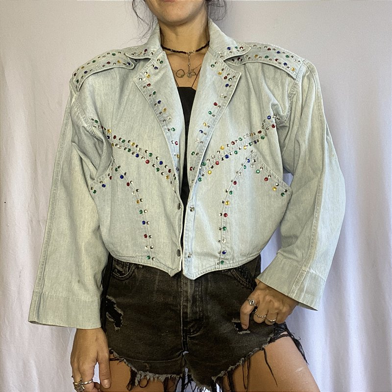 Jaqueta Jeans Vintage com Pedrarias Coloridas – Anos 80/90 - com ombreiras (removíveis)