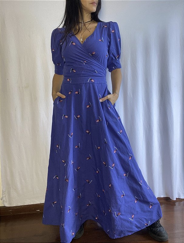 Vestido Longo Eva – Algodão com Estampa Azul e Mangas Bufantes