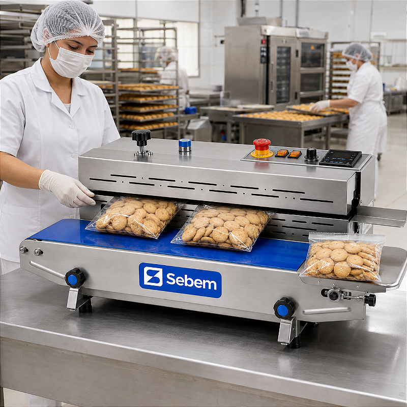 Operadora embalando salgados com a seladora contínua Sebem SelPro numa produção de alimentos