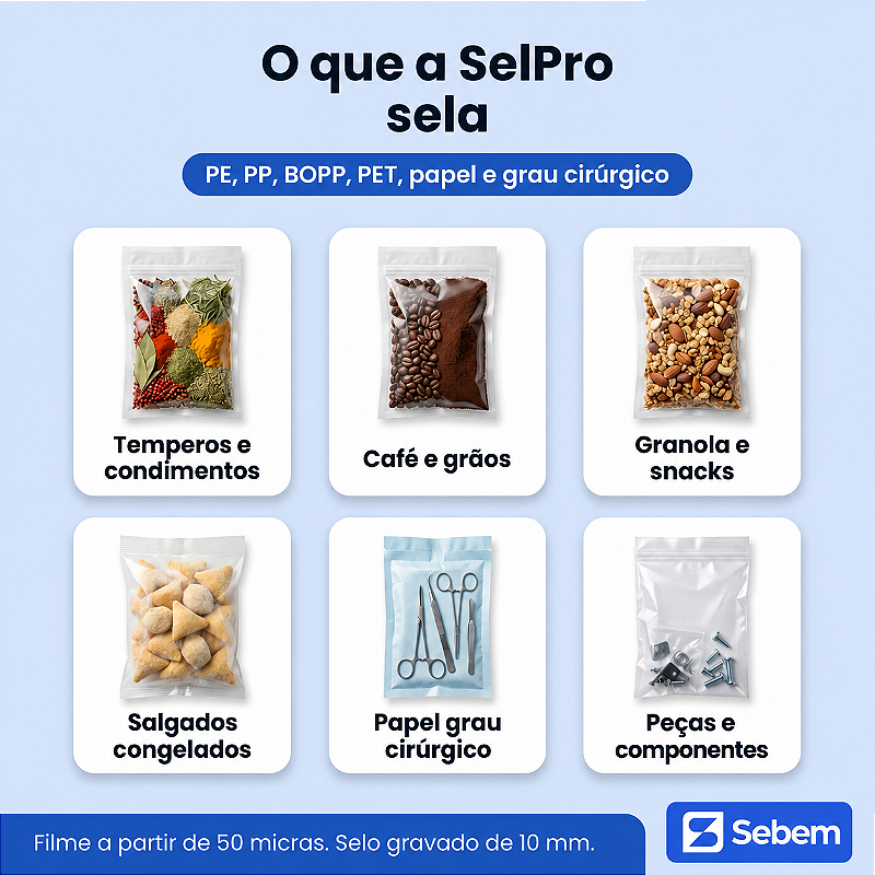 O que a SelPro sela: temperos, café e grãos, granola e snacks, salgados congelados, papel grau cirúrgico e peças