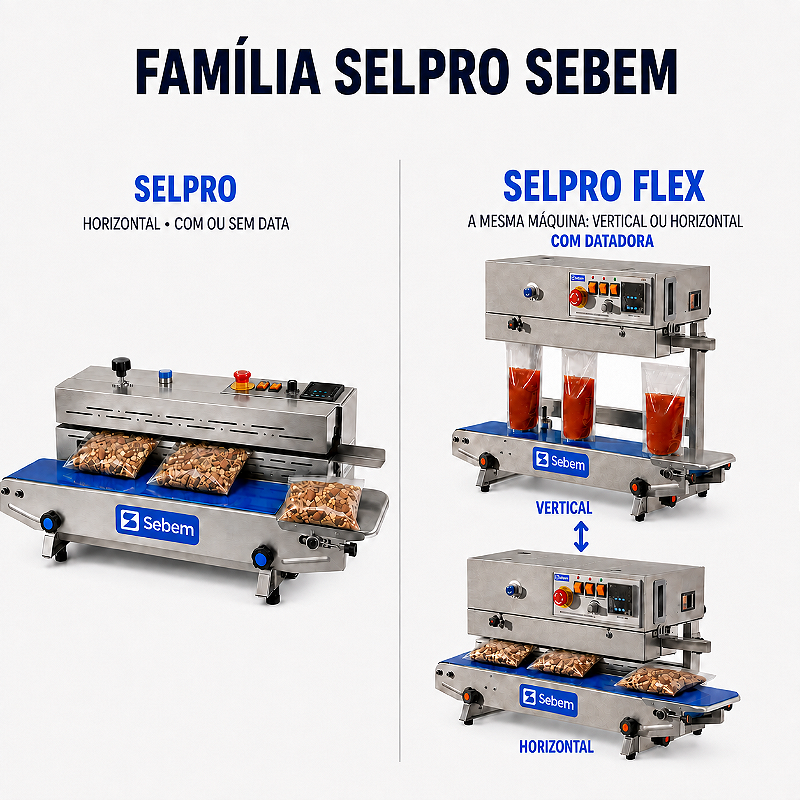 Família SelPro Sebem: modelo SelPro horizontal e modelo SelPro Flex vertical e horizontal com datadora