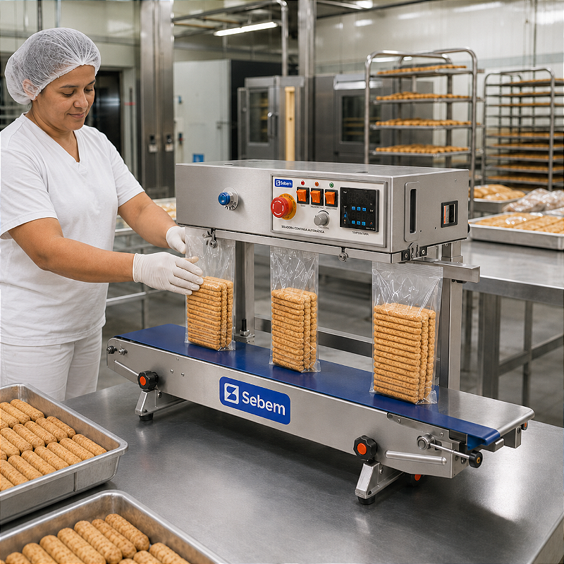 Operadora usando a máquina de embalar automática Sebem SelPro Flex numa produção de alimentos