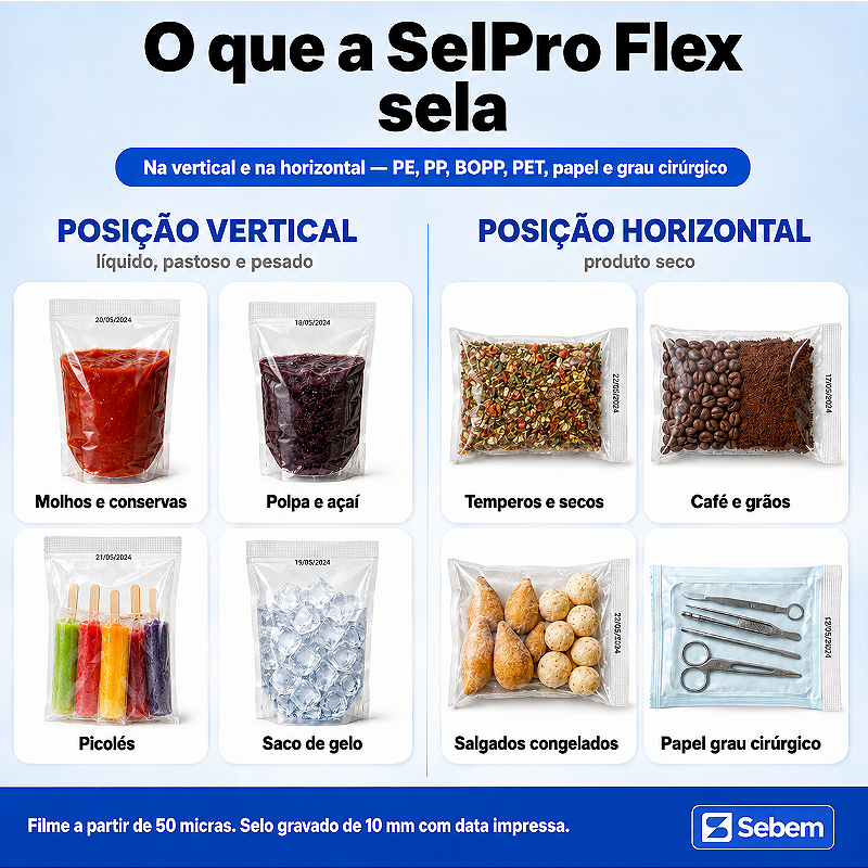 O que a SelPro Flex sela na posição vertical e na horizontal: molhos, polpa e açaí, picolés, saco de gelo, temperos, café, salgados congelados e papel grau cirúrgico