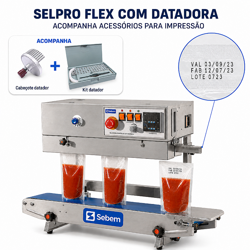 SelPro Flex com datadora: acompanha cabeçote do datador e kit de caracteres, e imprime validade, fabricação e lote na embalagem