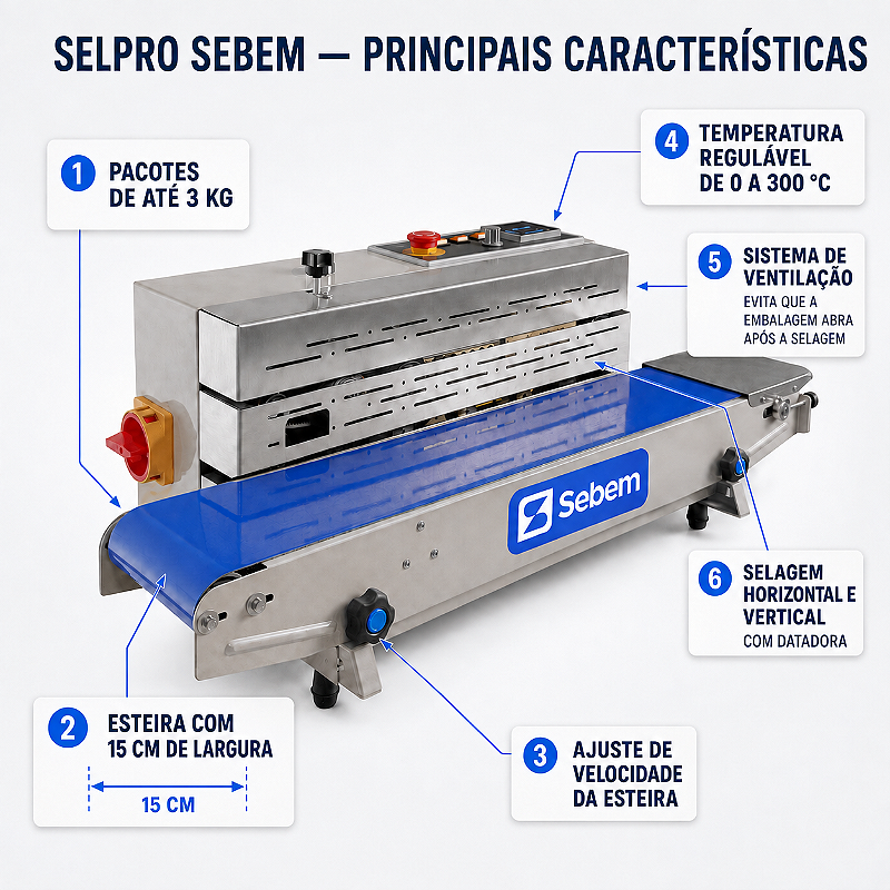Principais características da SelPro Sebem: pacotes de até 3 kg, esteira de 15 cm, temperatura de 0 a 300 graus, sistema de ventilação e selagem horizontal e vertical