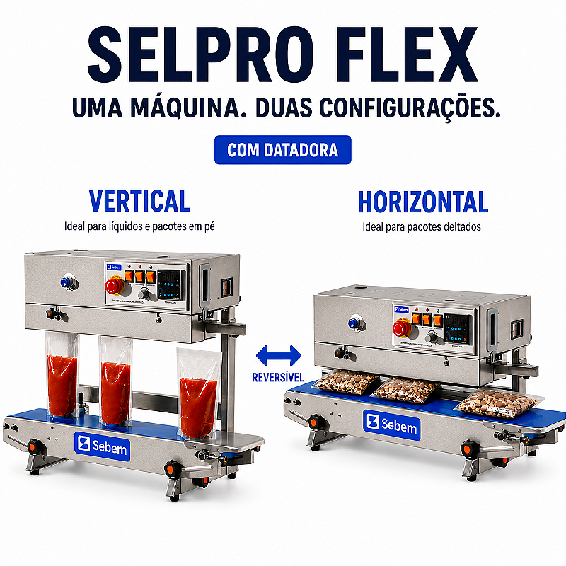 Sebem SelPro Flex: uma máquina, duas configurações — posição vertical para líquidos e pacotes em pé, posição horizontal para pacotes deitados