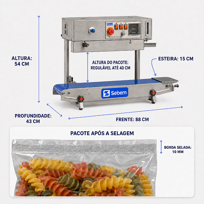 Medidas da Sebem SelPro Flex: frente 88 cm, altura 54 cm, profundidade 43 cm, esteira 15 cm, altura do pacote regulável até 40 cm e borda selada de 10 mm
