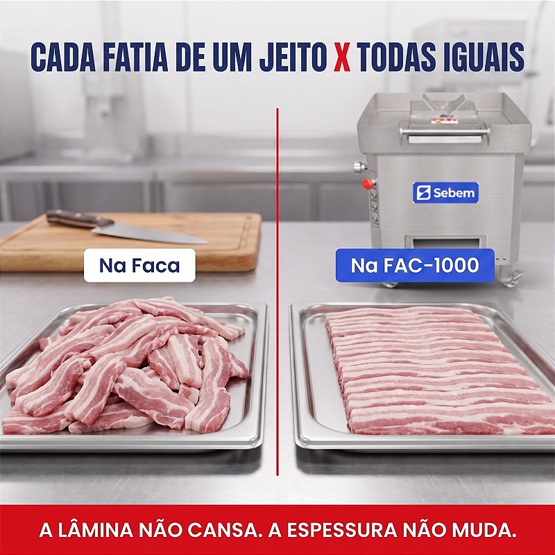 Tiras cortadas à faca, cada uma de um jeito, ao lado das tiras idênticas cortadas na máquina de fatiar carnes Sebem FAC-1000