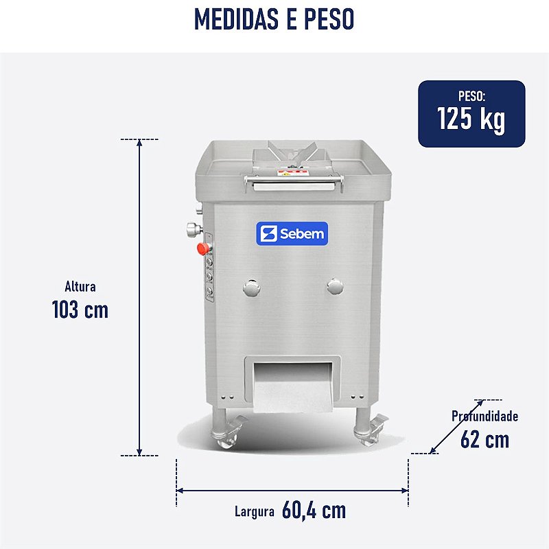 Desenho de medidas do fatiador de carnes Sebem FAC-1000: 604 x 620 x 1.030 mm e 125 kg