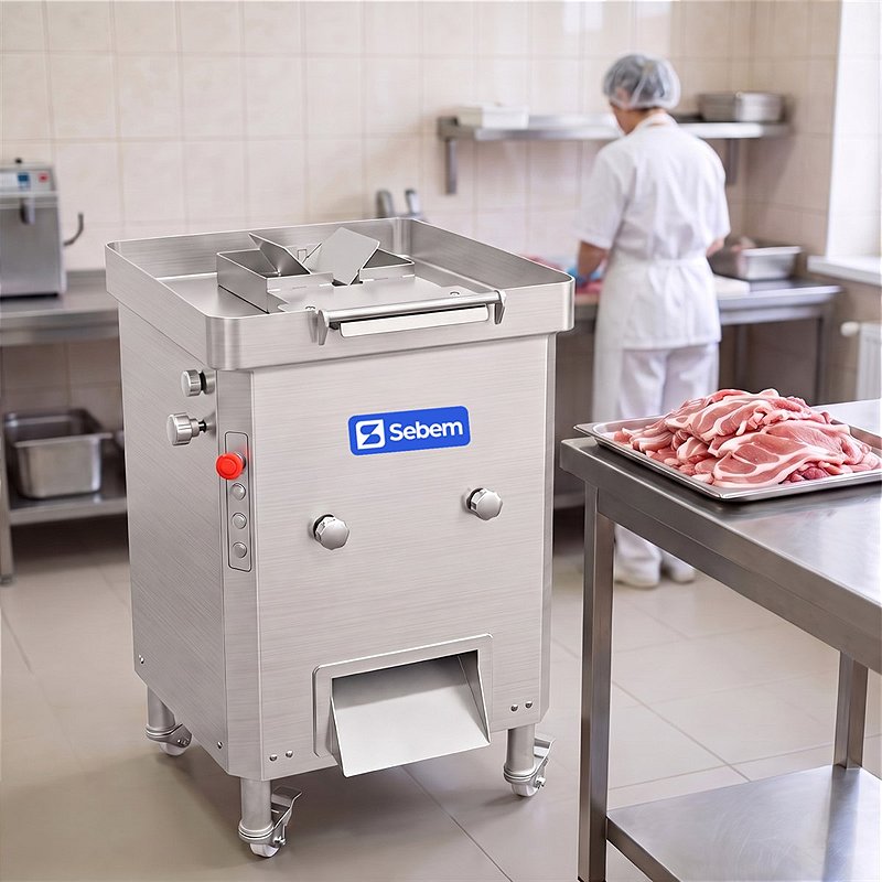 Máquina de fatiar carnes FAC-1000 Sebem em uso numa sala de processamento de carnes