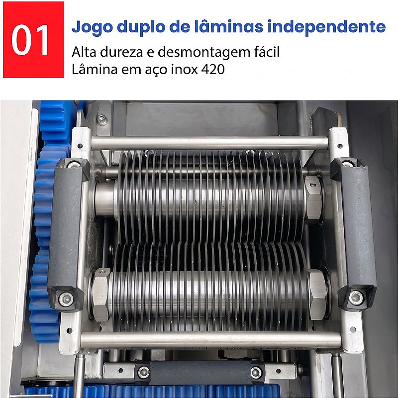 Os dois jogos de lâminas destacáveis em aço inox 420 da máquina de fatiar carnes Sebem FAC-1000