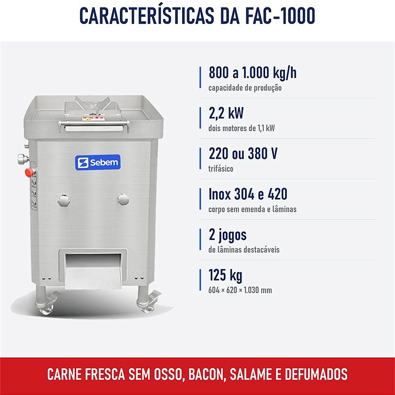 Características da máquina de fatiar carnes Sebem FAC-1000: 800 a 1.000 kg/h, 2,2 kW, 220 ou 380 V, inox 304 e 420