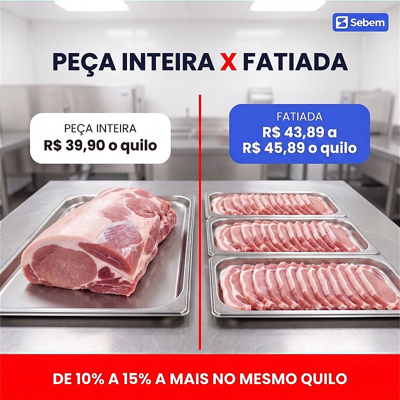 Peça inteira de carne a R$ 39,90 o quilo ao lado das bandejas de bife, milanesa, isca e tira com preço 10 a 15 por cento maior
