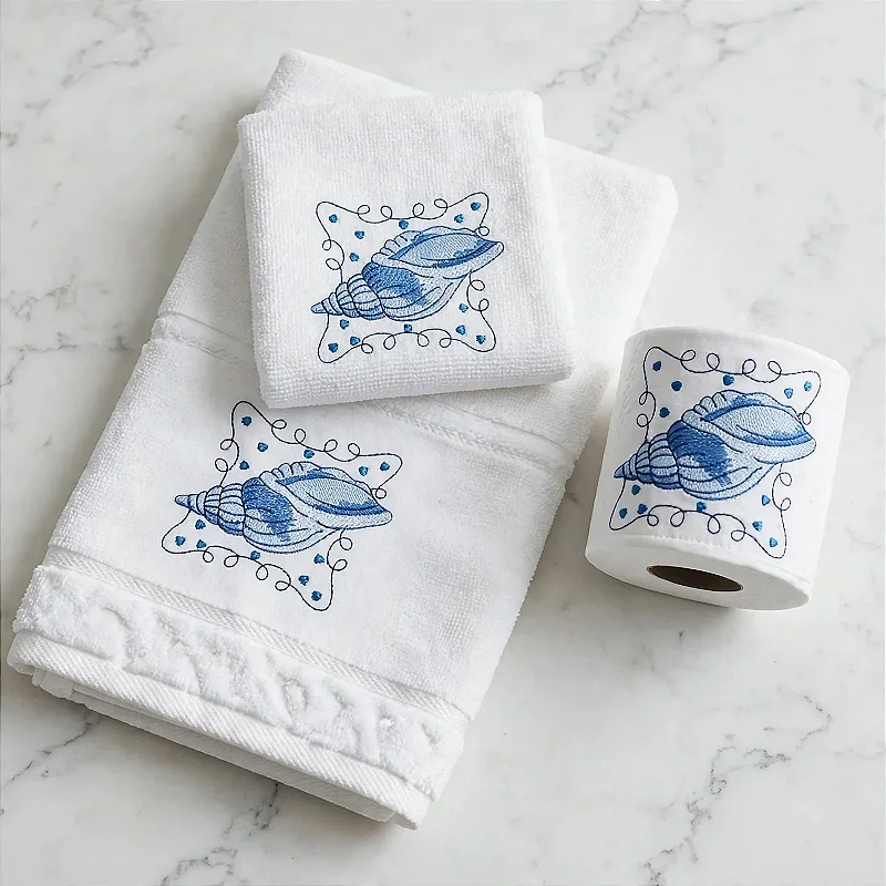 Kit Lavabo 3 Peças Bordado – Tema Conchas | Linha Soft Art Döhler