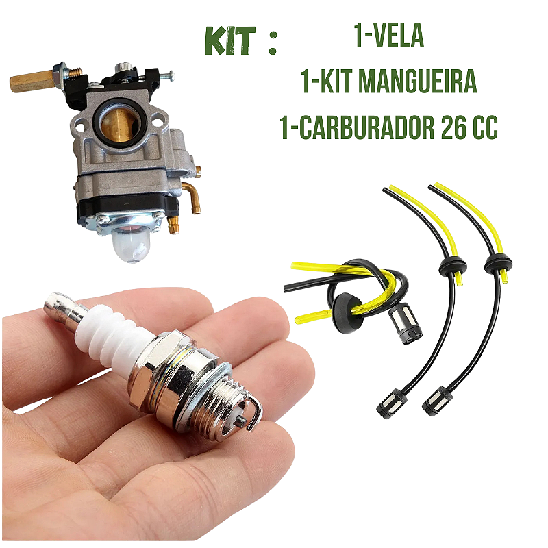 Kit Manutenção Completa para Roçadeiras e Motores 2T – Carburador 26cc/33cc + Mangueira de Combustível + Vela L7T