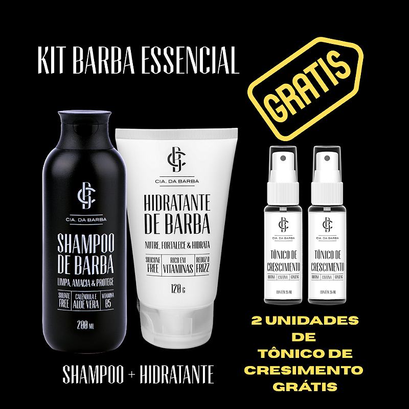 Kit Barba Essencial + Tônico Grátis | Shampoo + Hidratante CIA DA BARBA