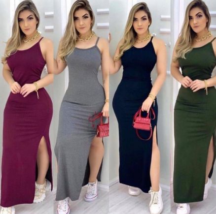 Vestido longo Casual sereia Fenda Alcinha marsala BM Loja Moda