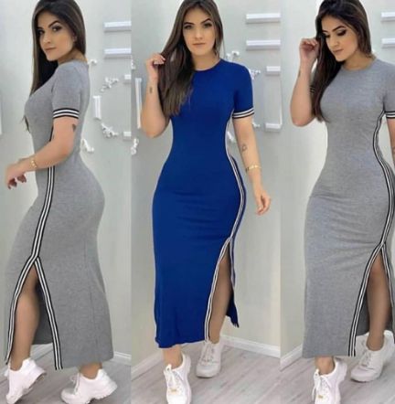 Vestido Longo Casual Blogueira Festa canelado Cinza BM Loja Moda