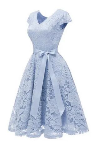 Vestido Azul Serenity curto Princesa Renda Rodado madrinha