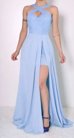 Vestido Longo Azul Serenity Godê com Fenda Madrinha Casamento