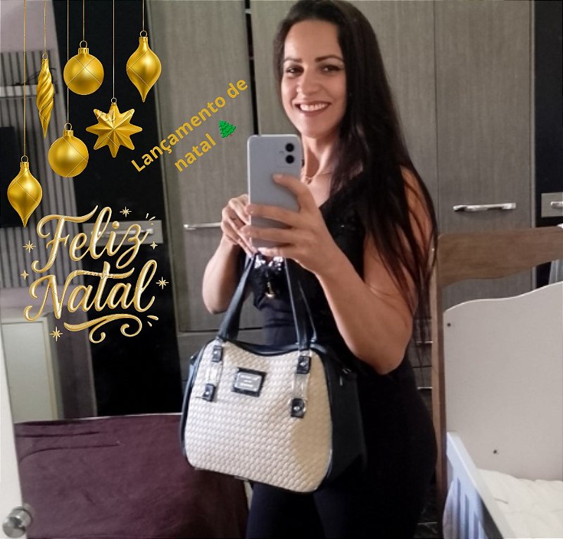 Bolsa Mari Grande Elegante Preta café e creme Feminina