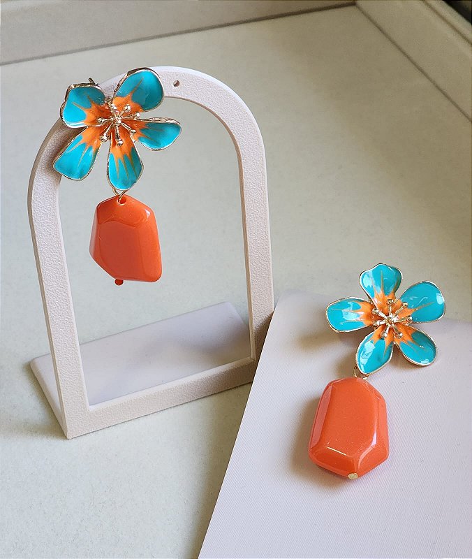 Brinco Flor do Verão Azul e Coral | Colorido e Marcante