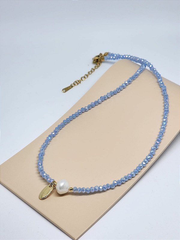 Colar Miçanga Azul Claro com Pérola