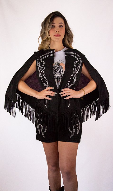 Poncho Western Fringe Black - Baia Country