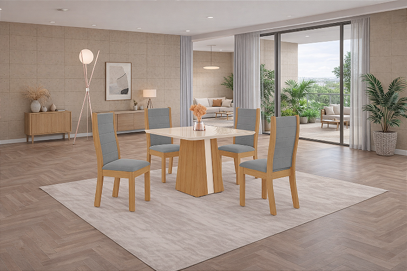 Sala De Jantar Naomi 0.90 + 04 Cadeiras Beatriz Freijo/Off White/Off White/Del Cinza